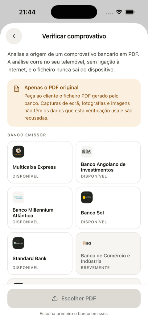 Ecrã Verificar comprovativo, com a lista de bancos emissores e o aviso de que só o PDF original serve.