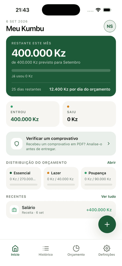 Ecrã Início da app, com o restante do mês em destaque e o valor disponível por dia.