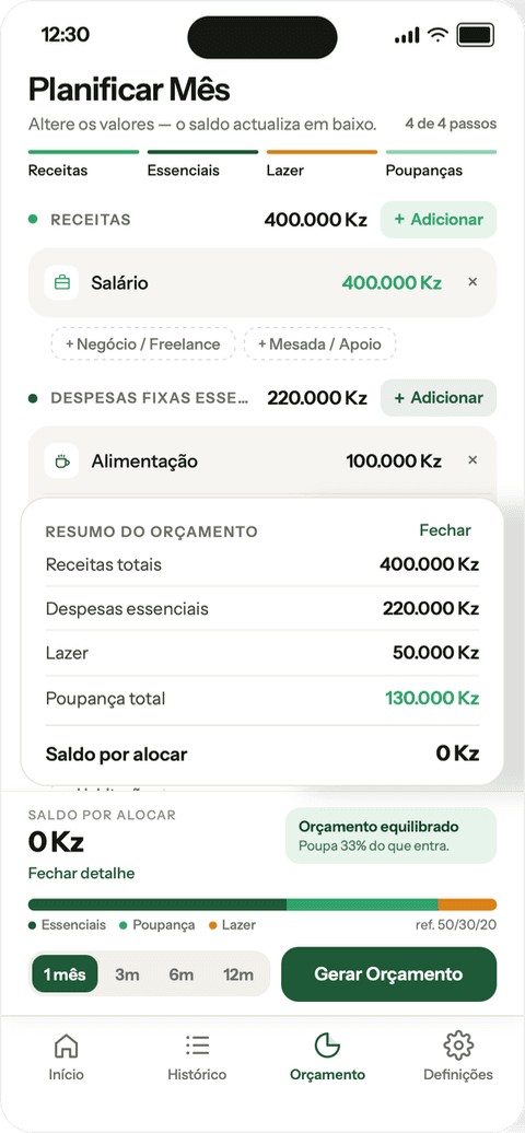 Ecrã Planificar Mês, no quarto passo, com o resumo do orçamento aberto e o saldo por alocar a zero.